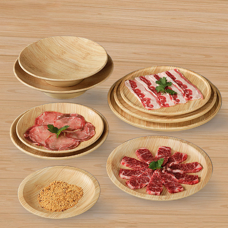 密胺餐具火锅盘子塑料和牛菜盘商用烤肉餐盘木纹竹纹盘瓷圆盘