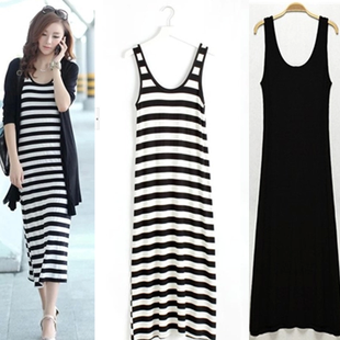 条纹长裙宽松显瘦莫代尔打底背心裙无袖 连衣裙女 韩版 2016春夏薄款