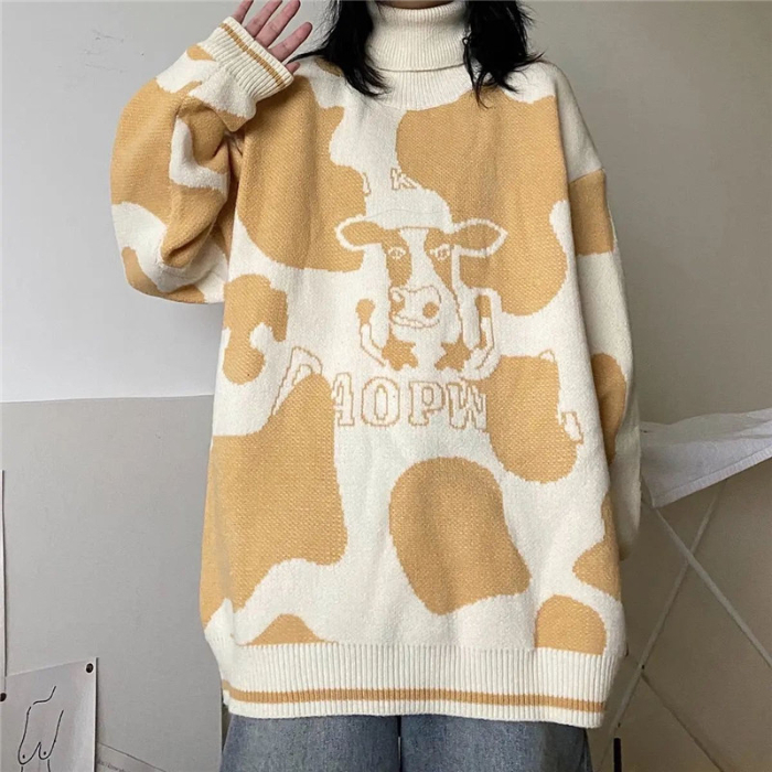 High collar thickened cow sweater Korean female student winter new college style loose and versatile knitting sweater