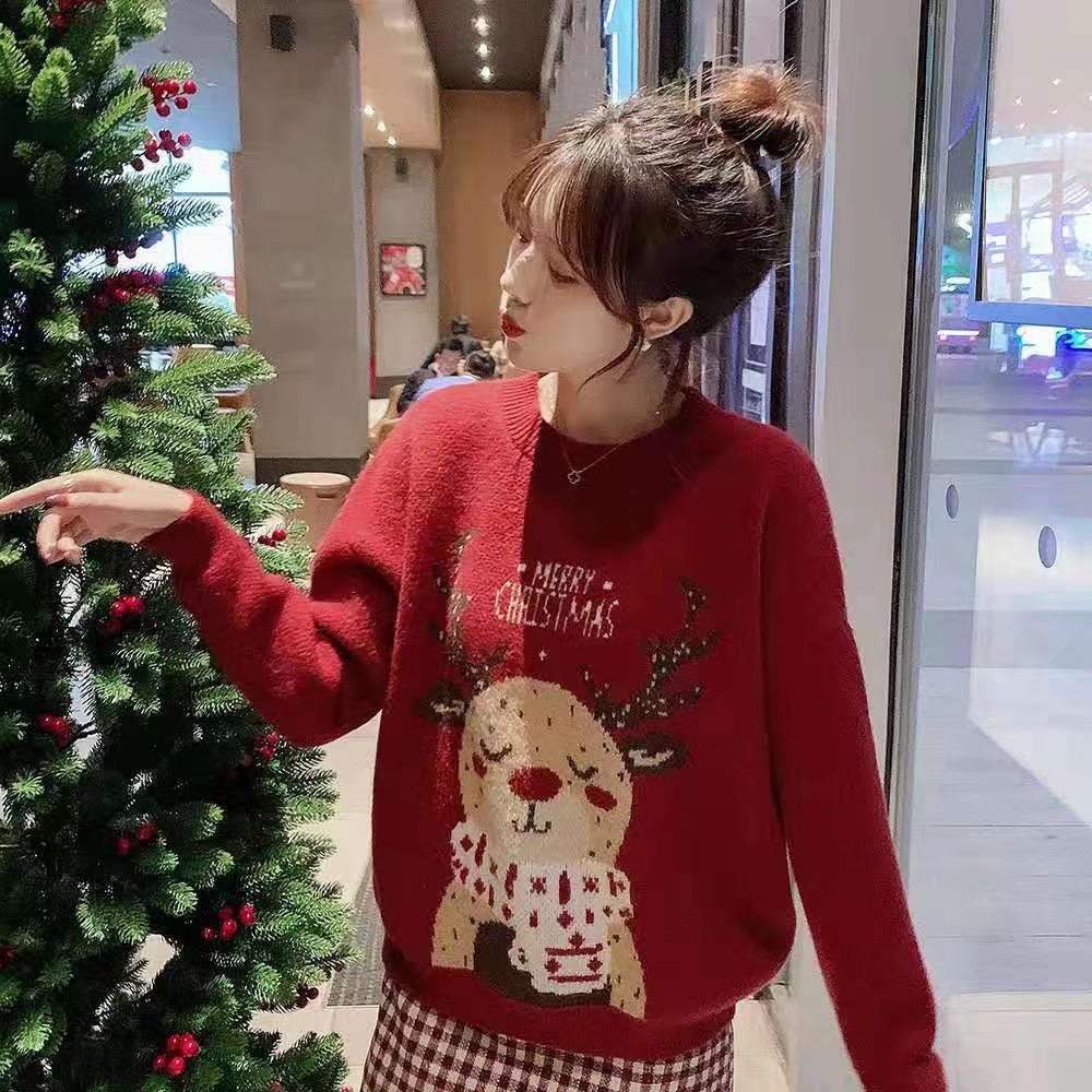 Core spun yarn winter new school style Christmas deer sweater for women loose and lazy