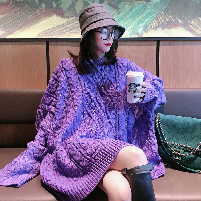 Official picture thickened autumn and winter knitwear purple sweater lazy wind loose heavy industry twist crew neck sweater