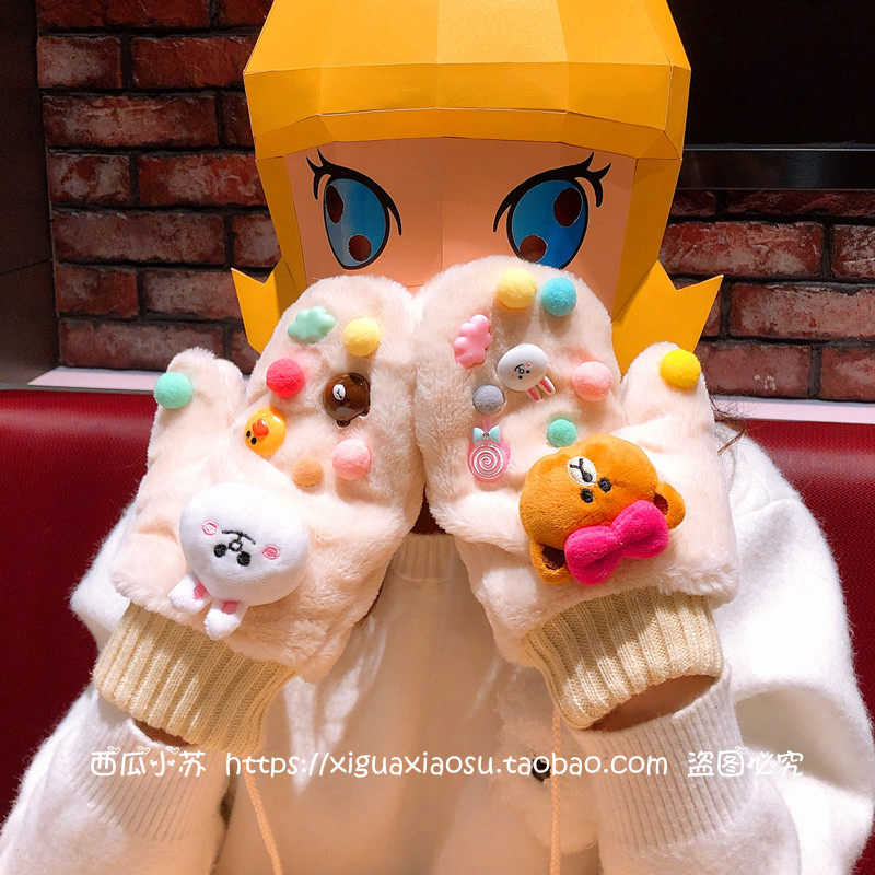 兔毛绒手套女冬保暖加厚加绒学生韩版时尚骑车连指卡通可爱小熊萌