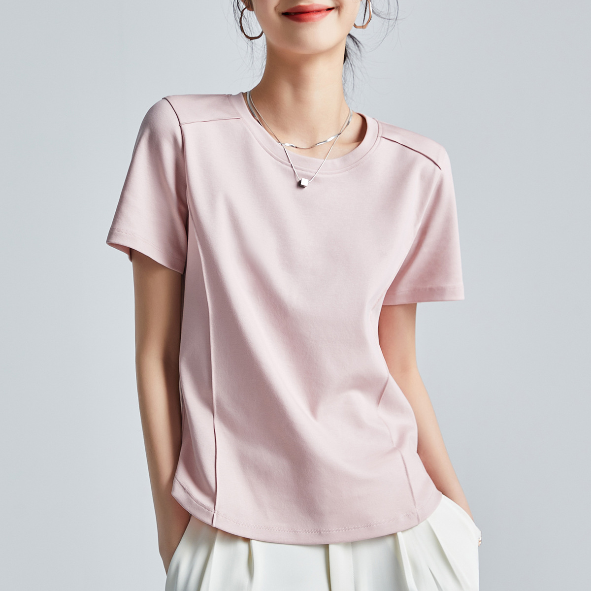 白色短袖t恤女2025春夏新款絲光棉圓領(lǐng)正肩打底衫體恤洋氣半袖夏