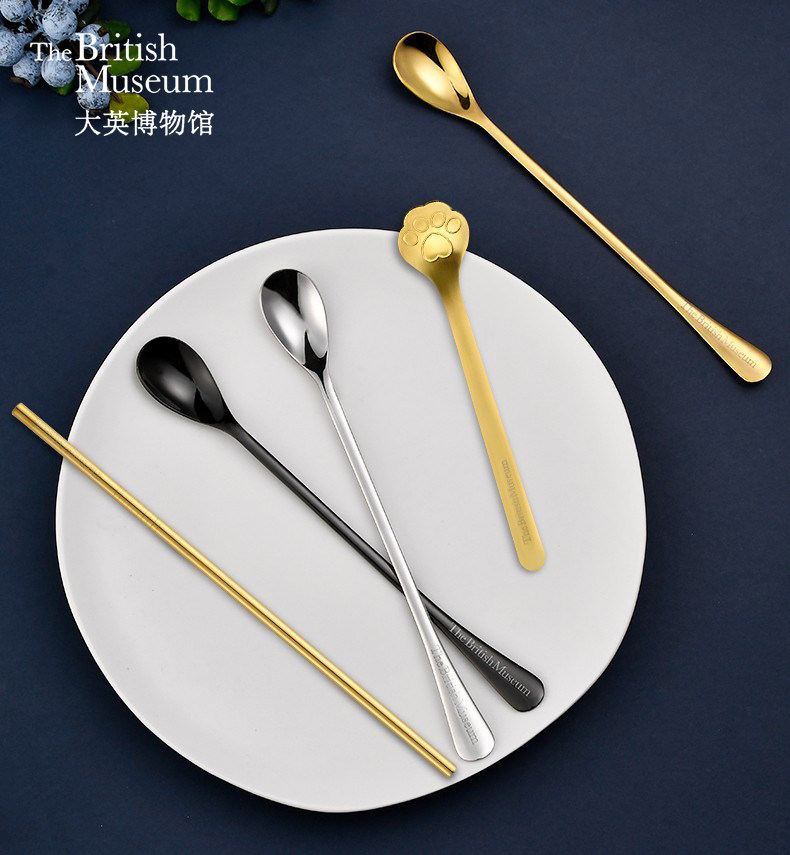 大英博物馆logo金属勺子银色餐具不锈钢汤匙可爱猫爪勺创意礼物女