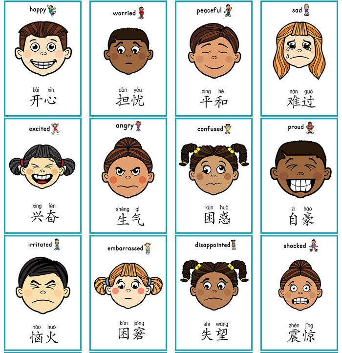 感觉情绪管理表情认知英语单词闪卡英文卡片幼儿童教学启蒙教具