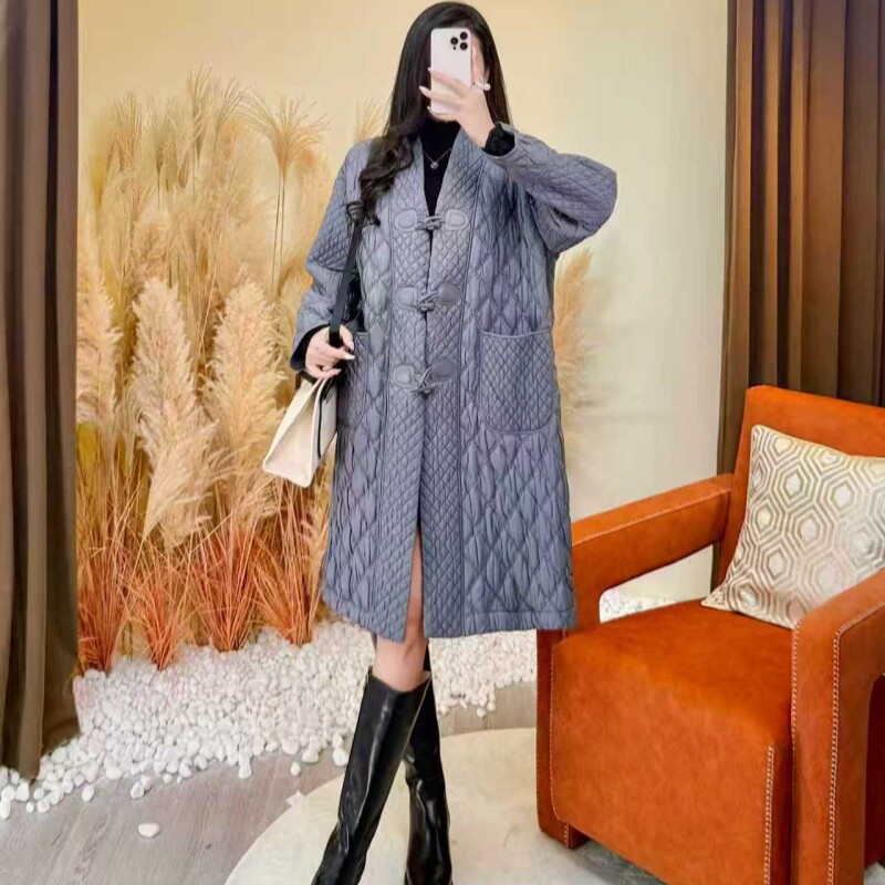 2025新款褶皱时尚宽松韩板大码女装中长款气质优雅棉衣外套
