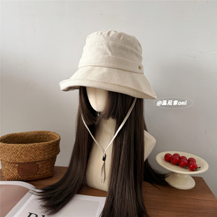 出口日韩~褶皱亚麻文艺抽绳渔夫帽女夏遮阳防晒大帽檐折叠太阳帽