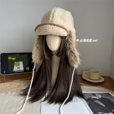 韩系羊羔毛卷边护耳毛绒雷锋帽女户外滑雪冬季保暖防风绑带飞行帽