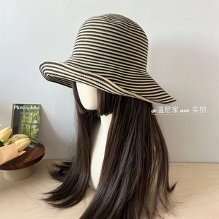 博主同款~日系简约条纹纯色草编大檐渔夫帽女海边度假防晒沙滩帽