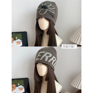 日本潮牌设计师双面戴花朵字母针织冷帽女加厚双层套头帽毛线帽