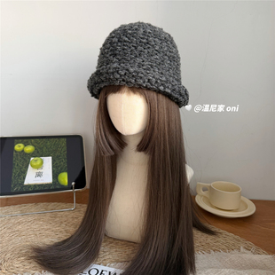 韩韩的~定制粗棒针织半卷边渔夫帽女冬季加厚保暖百搭毛线盆帽