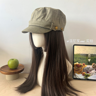 高级橄榄绿 时髦平顶鸭舌帽女英伦显脸小马术报童帽 穿搭博主秋季
