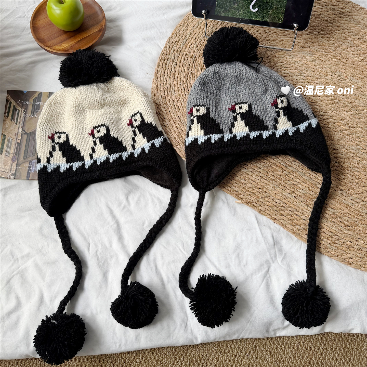 超出片~可爱小企鹅费尔岛刺绣毛线飞行帽女冬护耳绑带针织雷锋帽