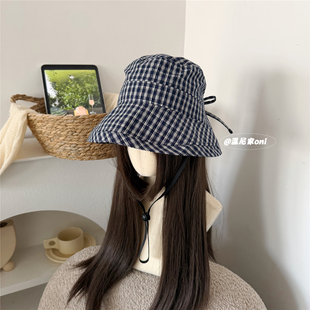 好韩 miu系藏青格子渔夫帽女夏可卷边显脸小甜美防晒蝴蝶结盆帽