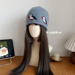 小风格~费尔岛小企鹅兔毛混纺针织套头冷帽女保暖双层加厚毛线帽