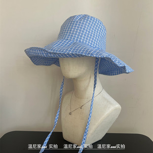 韩系清新格子大帽檐防晒渔夫帽女夏系带轻薄遮阳帽子 夏日海盐蓝