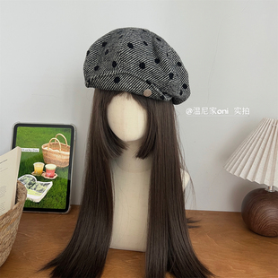 韩系ins博主款~复古波点灯芯绒八角帽子女秋冬显脸小贝雷报童帽潮