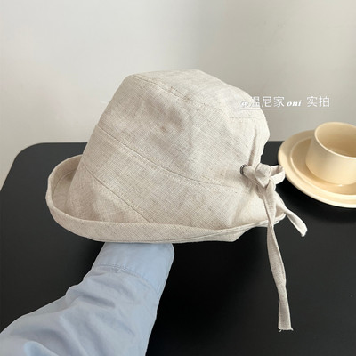 日韩订单~高品质亚麻蝴蝶结绑带渔夫帽女夏透气遮阳百搭素颜盆帽