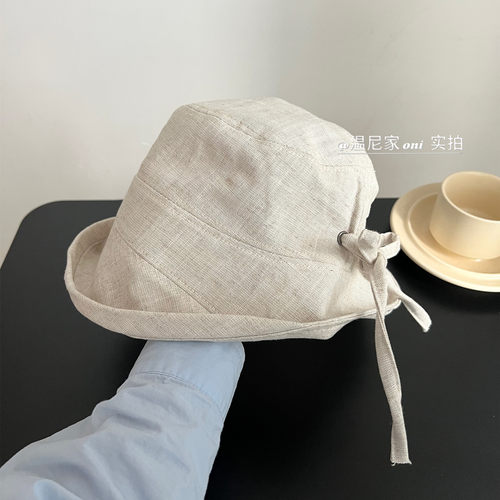 日韩订单~高品质亚麻蝴蝶结绑带渔夫帽女夏透气遮阳百搭素颜盆帽