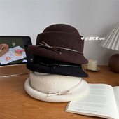 留洋千金 赫本气质款 蝴蝶结羊毛呢卷边小礼帽女冬显脸小渔夫帽潮