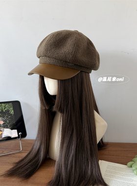 版型hin好！韩系pu皮帽檐拼接毛呢八角帽女气质复古鸭舌贝雷帽子