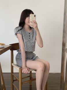 家居服显瘦睡衣两件套装 实拍INS夏季 纯欲纯棉圆点短款 新款 女 韩版