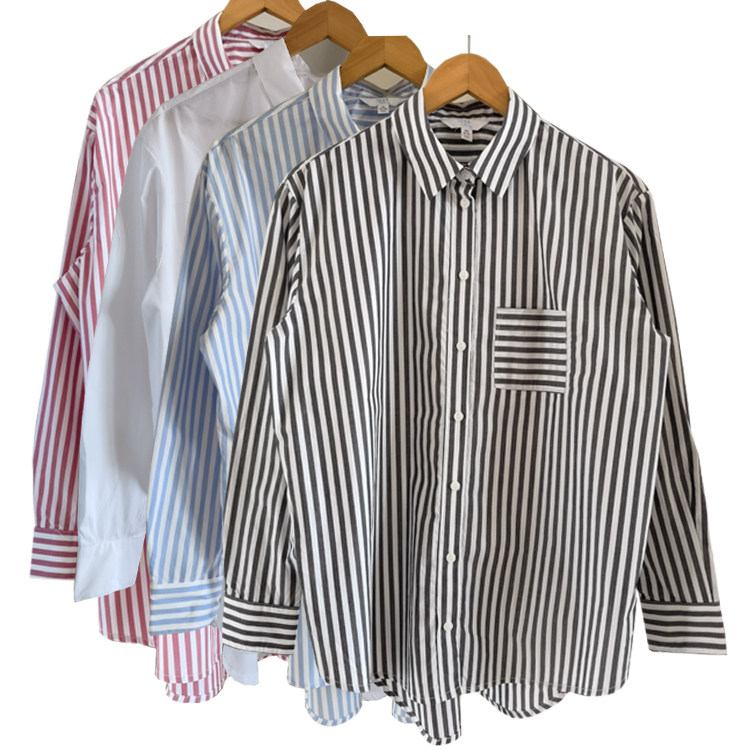 春秋季新款出口外贸原单休闲宽松大码 女士显瘦长袖衬衫开衬条纹