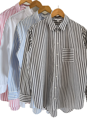 春秋季新款出口外贸原单休闲宽松大码 女士显瘦长袖衬衫开衬条纹