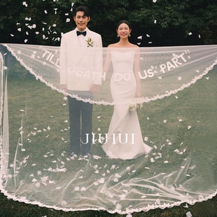 超长3米蕾丝边白字母头纱外景草坪婚纱摄影拍照道具新娘字母头纱