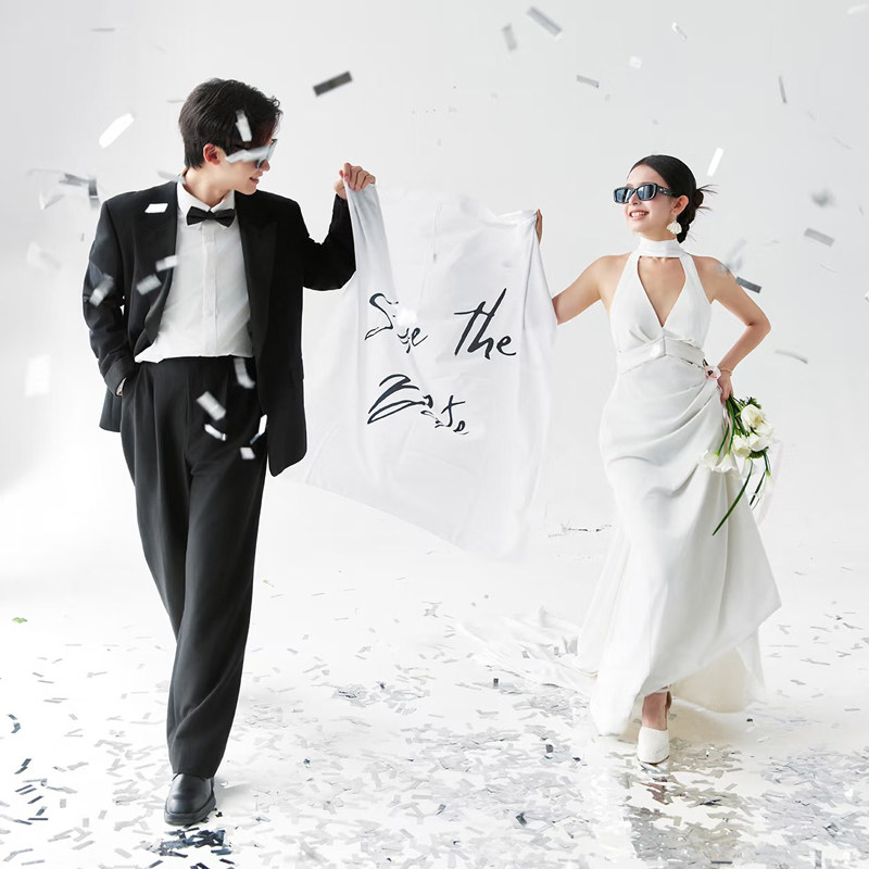 韩式婚纱摄影拍照道具撒银亮片镜面纸婚礼英文背景布条幅黑墨镜