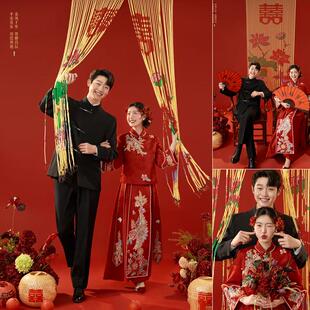 新中式秀禾婚纱照道具鸳鸯荷花喜字珠珠门帘背景装饰插花红折扇子