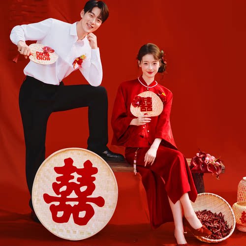 新中式婚纱照道具喜字圆筐竹编筐