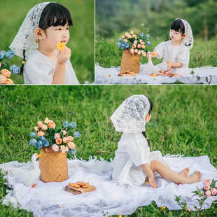 2024外景儿童拍照头饰蕾丝头巾周岁宝宝出游拍摄影道具草地花篮