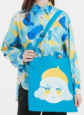 A7x静电场朔合作款不高兴小姐潮流蓝色休闲单肩托特包手提帆布袋