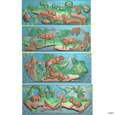 十二生肖动物古建精雕扫描图壁堵栏杆堵雕刻石雕木雕灰度图浮雕新