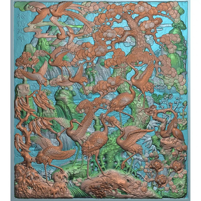 浮雕扫描图黄山精雕图古建照壁影壁画雕刻迎客松花鸟松鹤延年5IH0