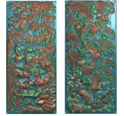 松鹤延年鹿竹同春竖屏精雕图木雕石雕扫描图古建门楼堵筑壁画浮雕