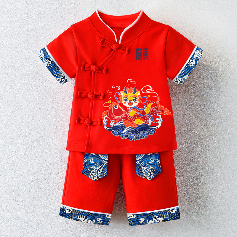 帅气男宝宝周岁礼服男童男孩中国风唐装一岁红色抓周衣服夏天套装