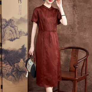 真丝红莨香云纱连衣裙女款夏新高端桑蚕丝钉珠气质国风红色妈妈裙