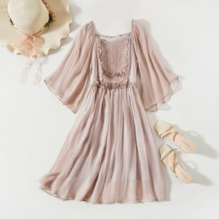 桑蚕丝沙滩裙中长款 81070 真丝连衣裙纯色简约飞飞袖 女装