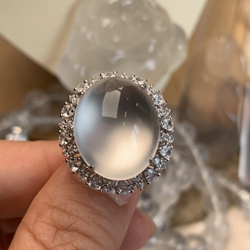 新品纯天然玉石俄冰白冰高冰玻璃种刚蛋封底戒指活口戒托纯银925