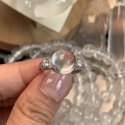 新品纯天然玉石俄冰白冰高冰玻璃种刚蛋戒指纯银925