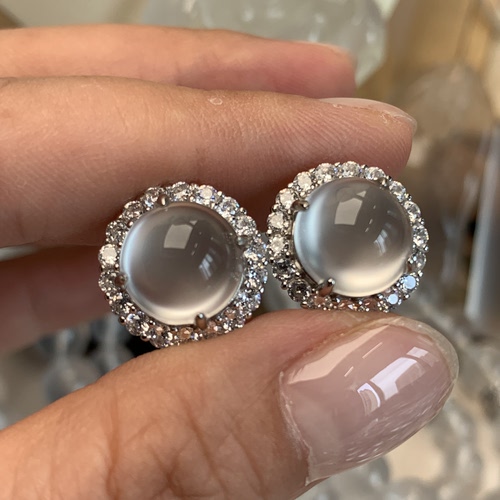 新品纯天然玉石俄冰白冰高冰玻璃种刚蛋耳钉纯银925