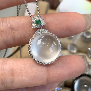 纯天然玉石俄冰白冰高冰玻璃种黑刚15大蛋面吊坠项链 新品