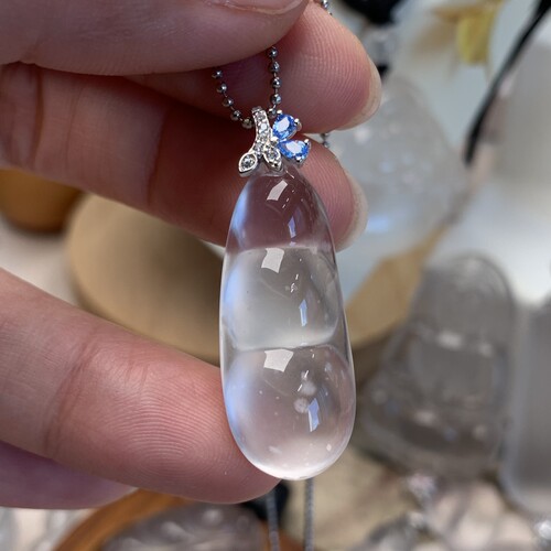 新品纯天然玉石俄冰白冰高冰玻璃种蓝刚雪花棉福豆吊坠项链银925