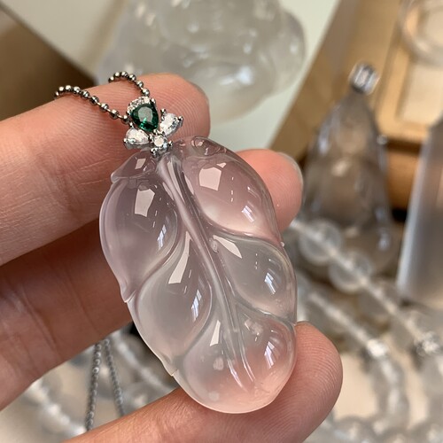 新品纯天然玉石俄冰白冰高冰玻璃种雪花棉大叶子吊坠项链纯银925