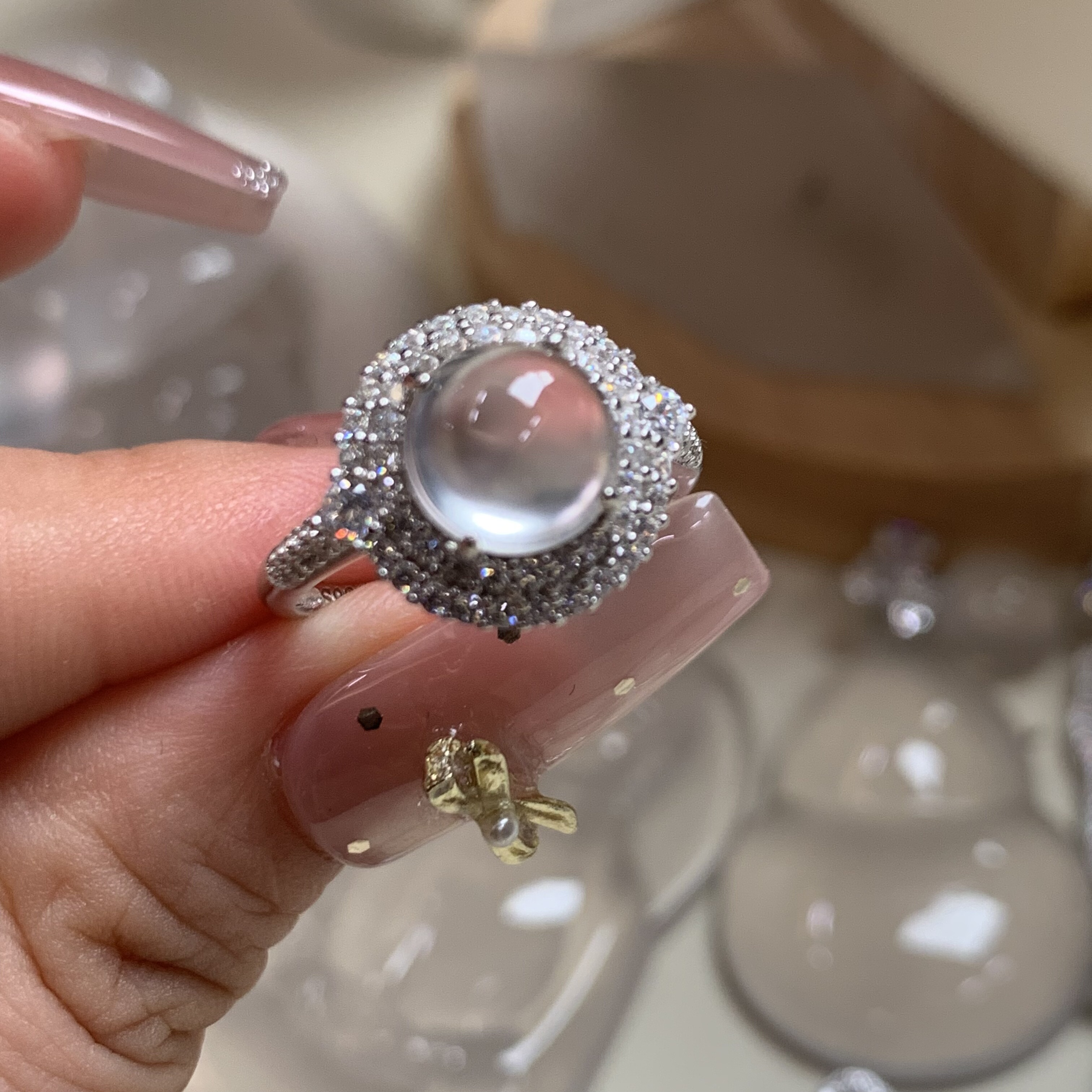 新品纯天然玉石俄冰白冰高冰玻璃种8蓝刚精品围镶戒指s925银