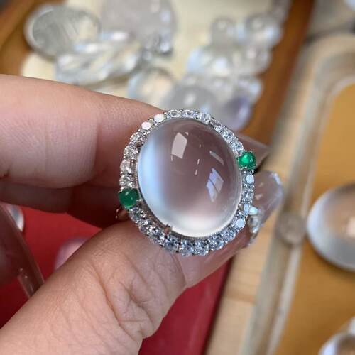 纯天然玉石俄冰白冰高冰玻璃种精品镶嵌17蛋面活口戒指纯银925托