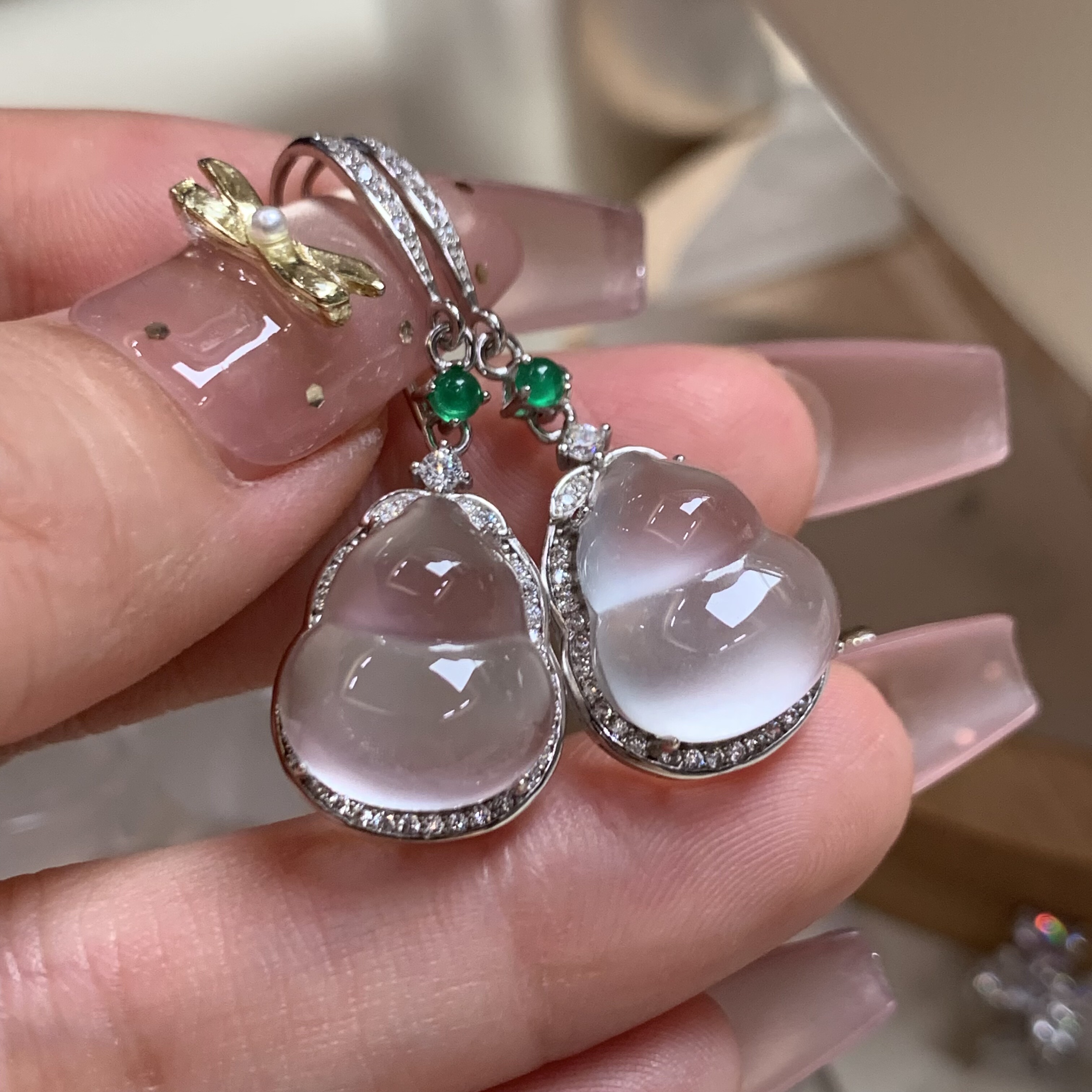 新品纯天然玉石俄冰白冰高冰玻璃种黑刚胖葫芦耳勾耳饰s925银