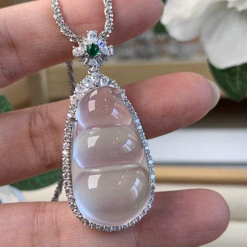 新品纯天然玉石俄冰白冰高冰玻璃种大福豆豪镶吊坠项链纯银925